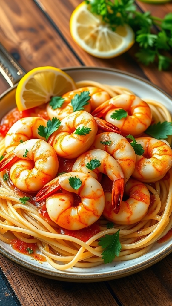Garlic butter shrimp with lemon served over pasta, garnished with parsley and lemon slices.